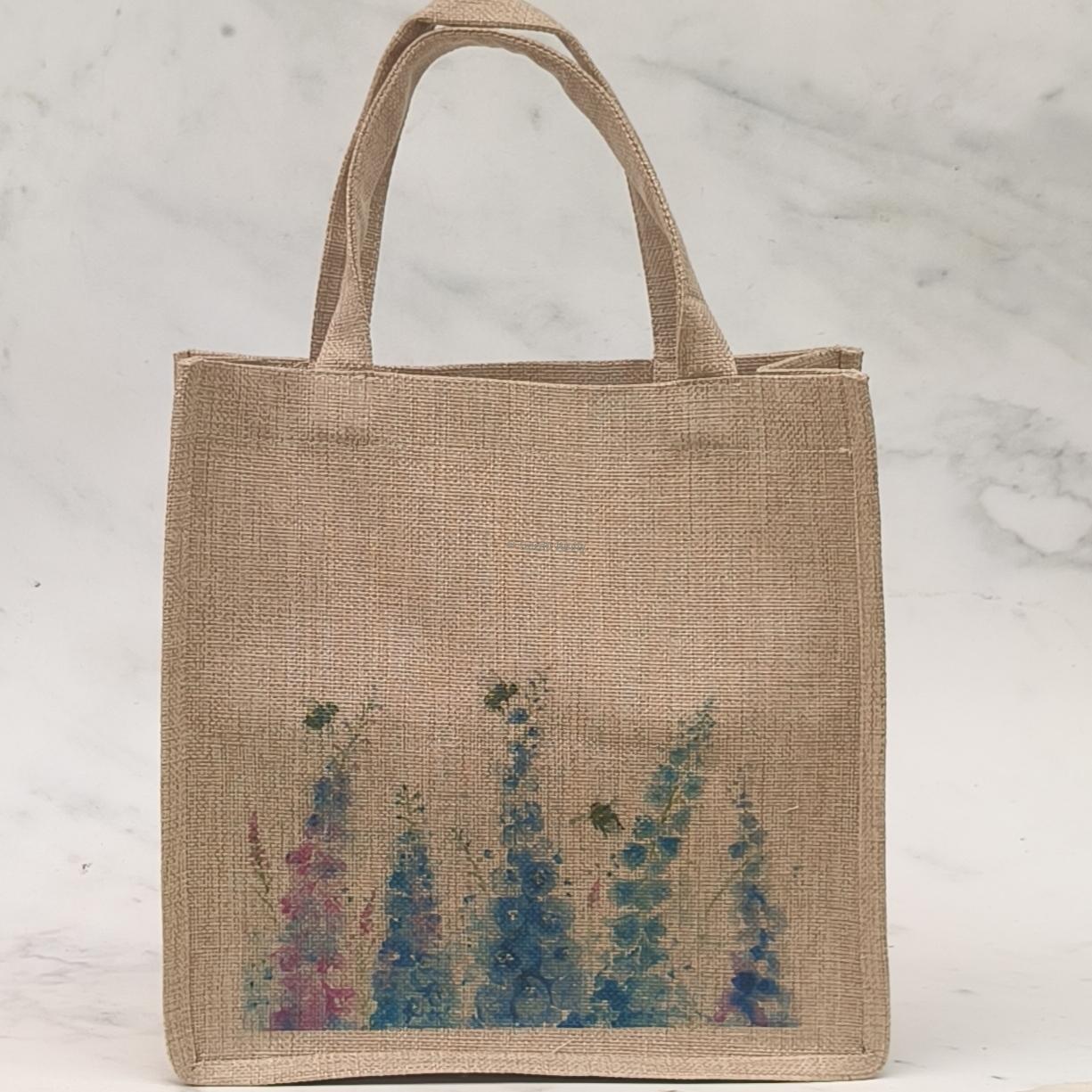 Dangling in the Delphinium Flowers Small Jute Bag