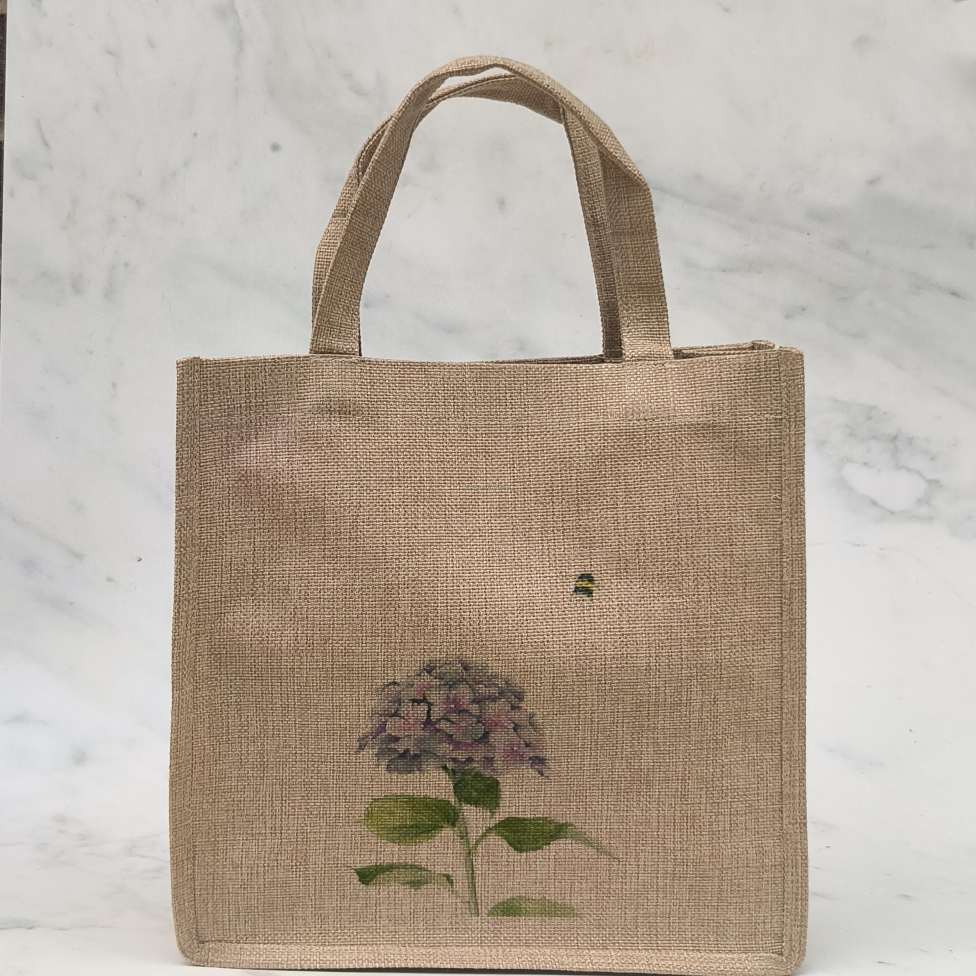 Bee Calm Hydrangea Small Jute Bag