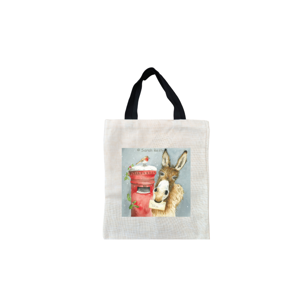 Donkeys Wish Christmas Short Black Handled Linen Tote Bag