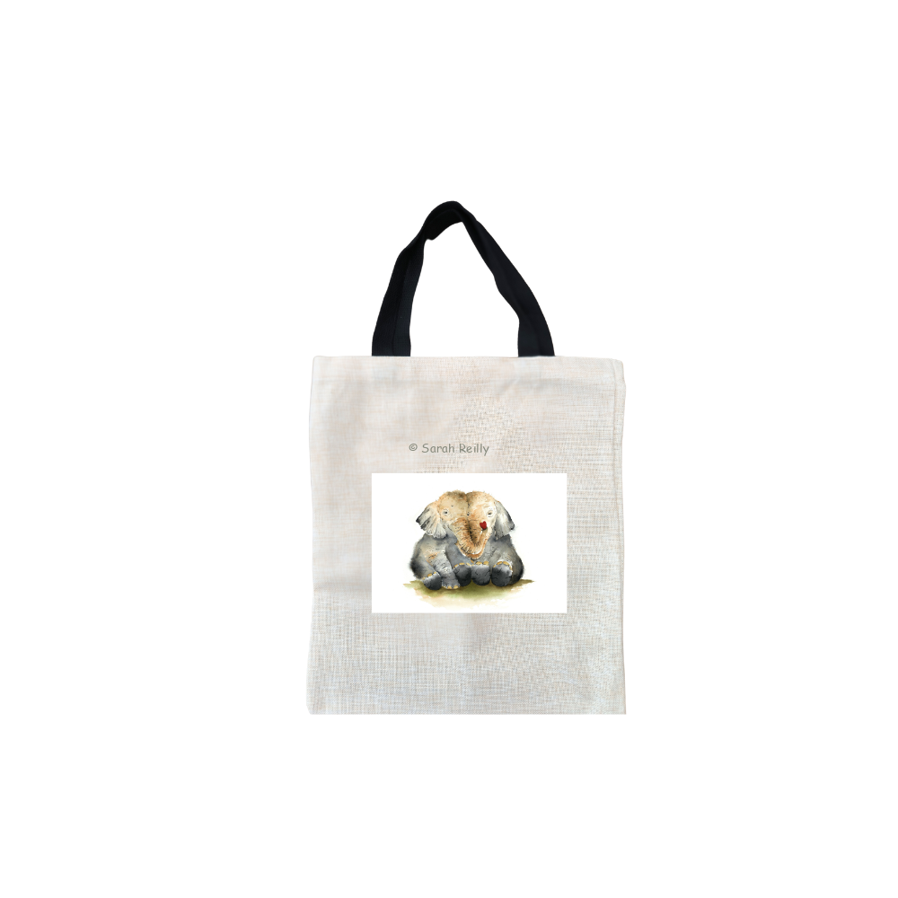 Elephant Hugs Short Black Handled Linen Tote Bag