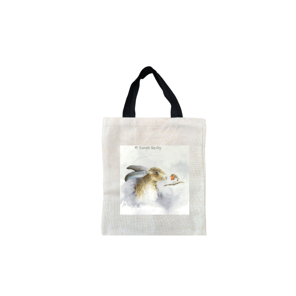 Hare & Robin Christmas Short Black Handled Linen Tote Bag