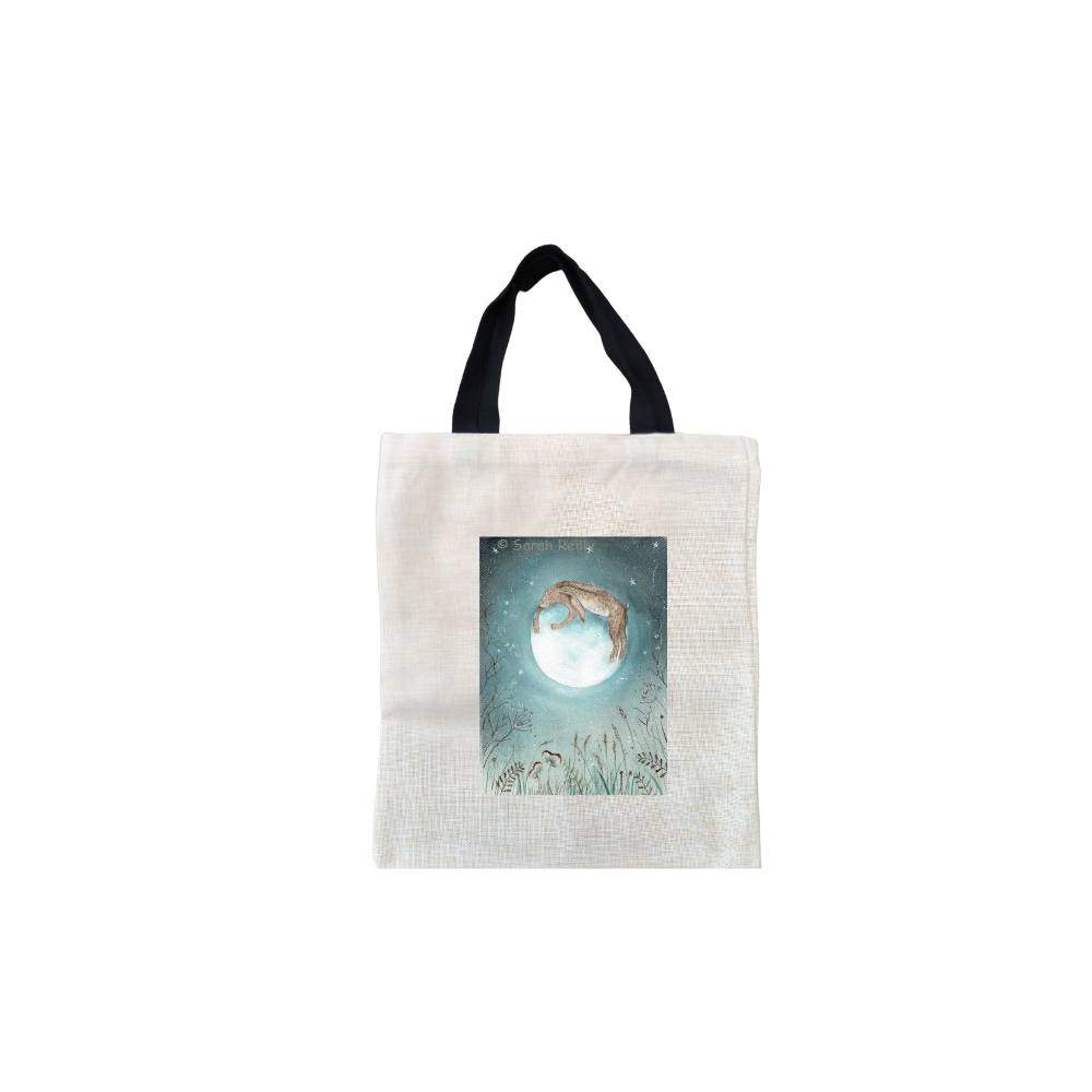 Hugging the Moon Short Black Handled Linen Tote Bag