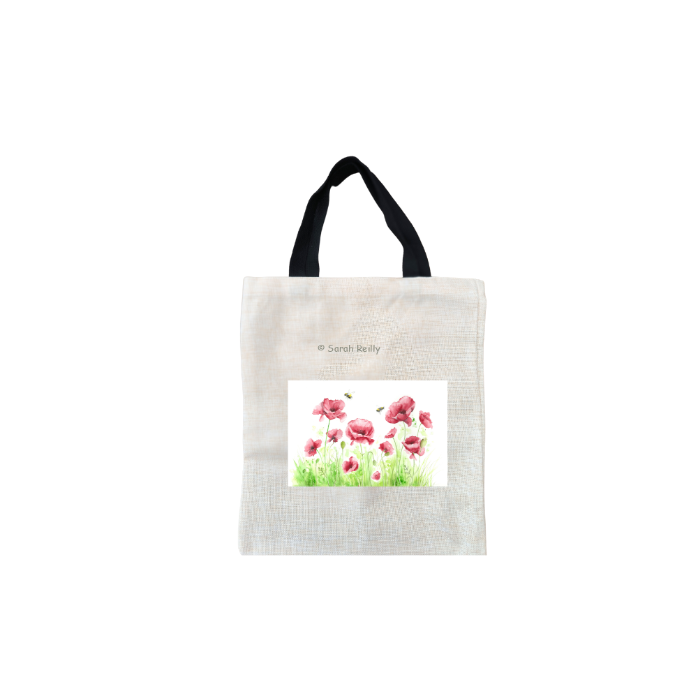 Poppies Short Black Handled Linen Tote Bag