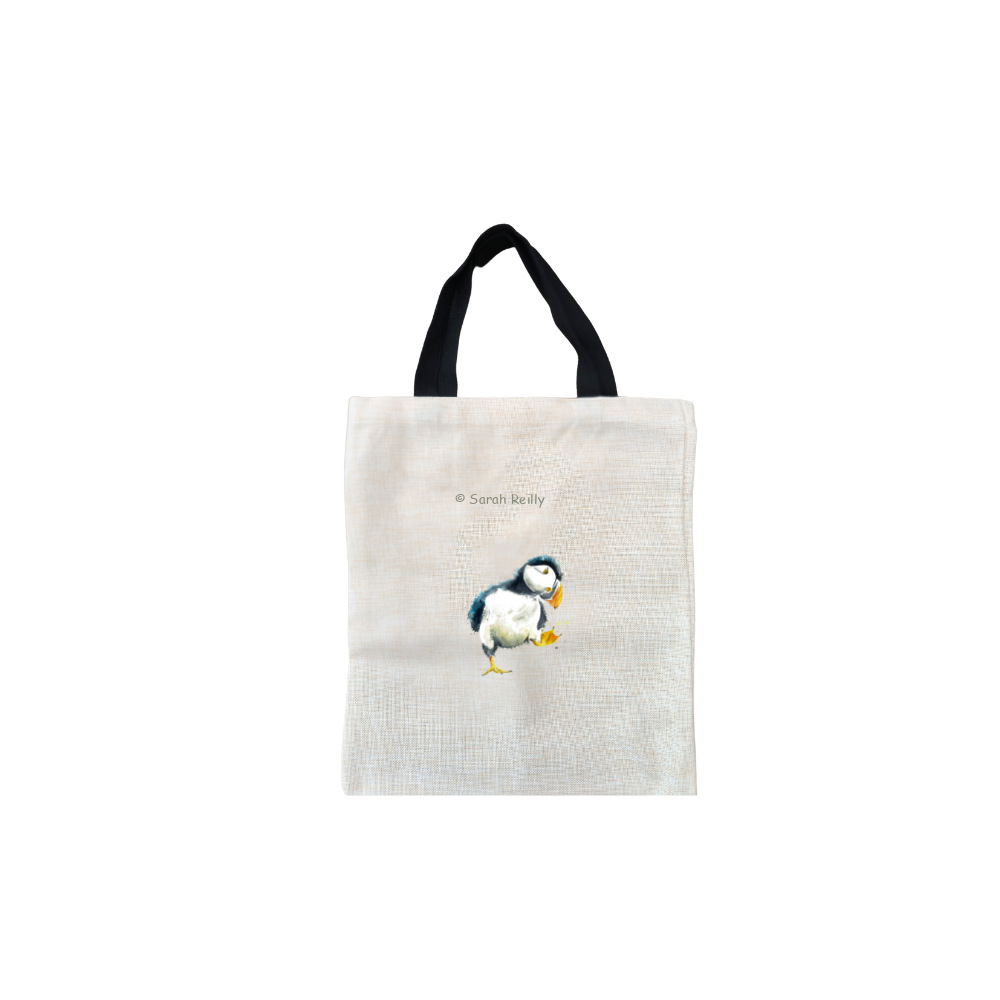 Puffin Short Black Handled Linen Tote Bag