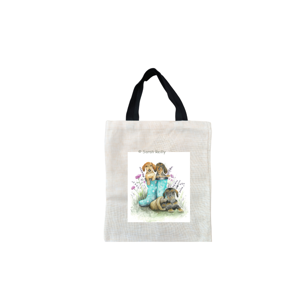 Puppy Planting Short Black Handled Linen Tote Bag