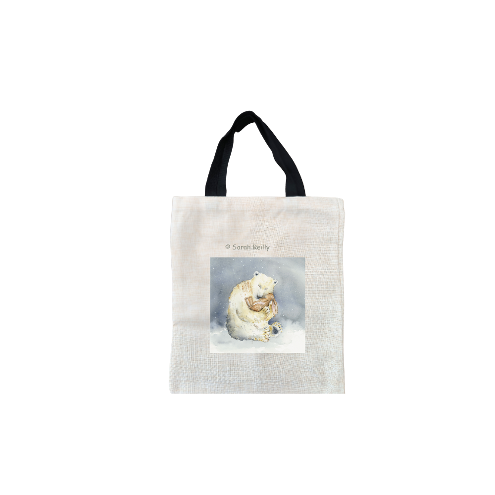 Snow Bear Christmas Short Black Handled Linen Tote Bag