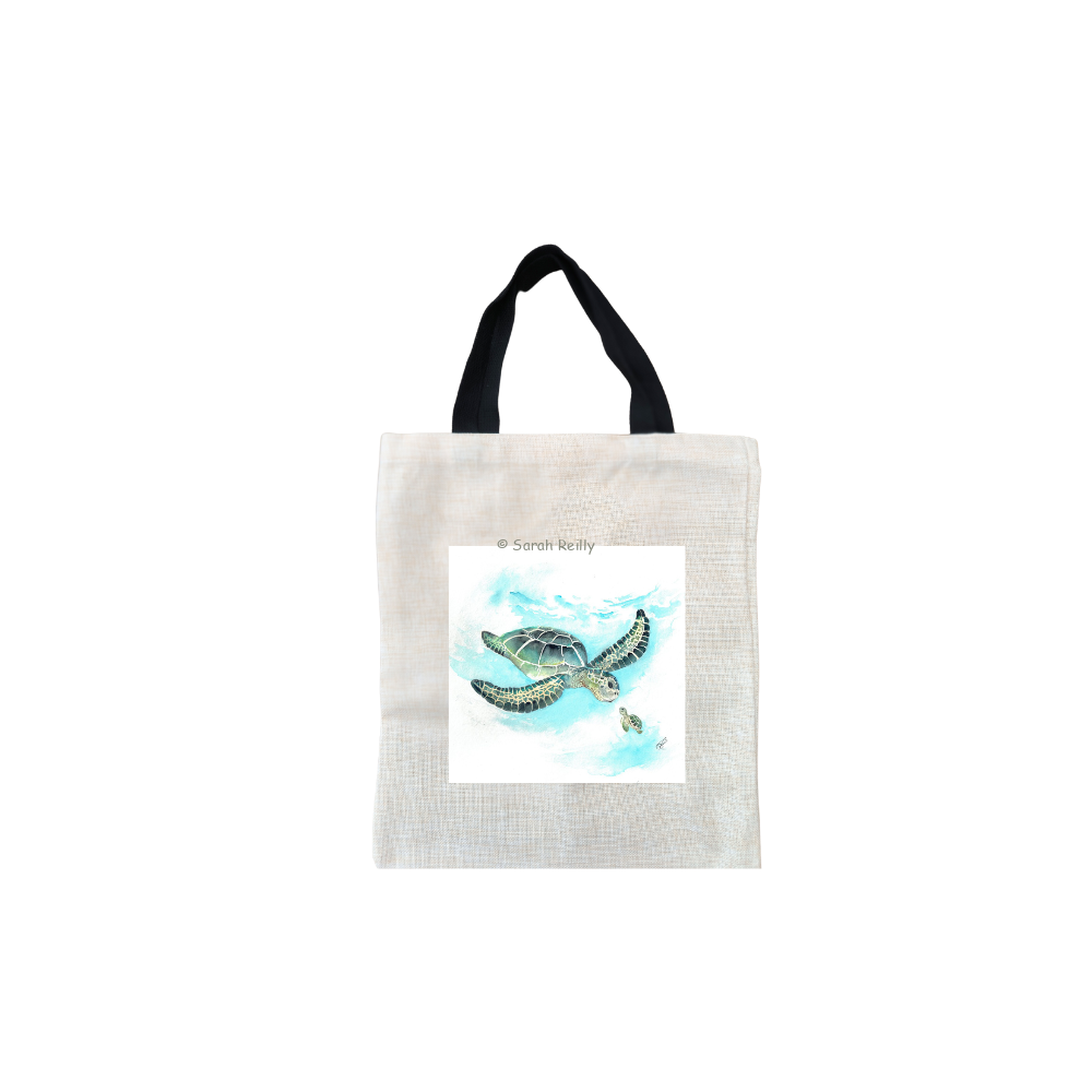 Turtle Tale Short Black Handled Linen Tote Bag