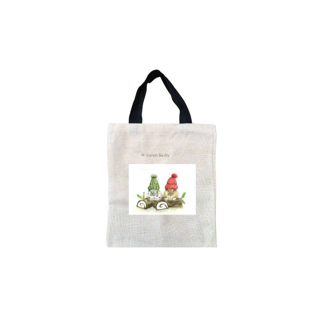 Yule Christmas Short Black Handled Linen Tote Bag
