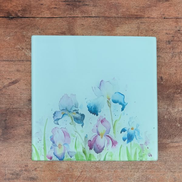Iris Blues Small Glass Cutting Board