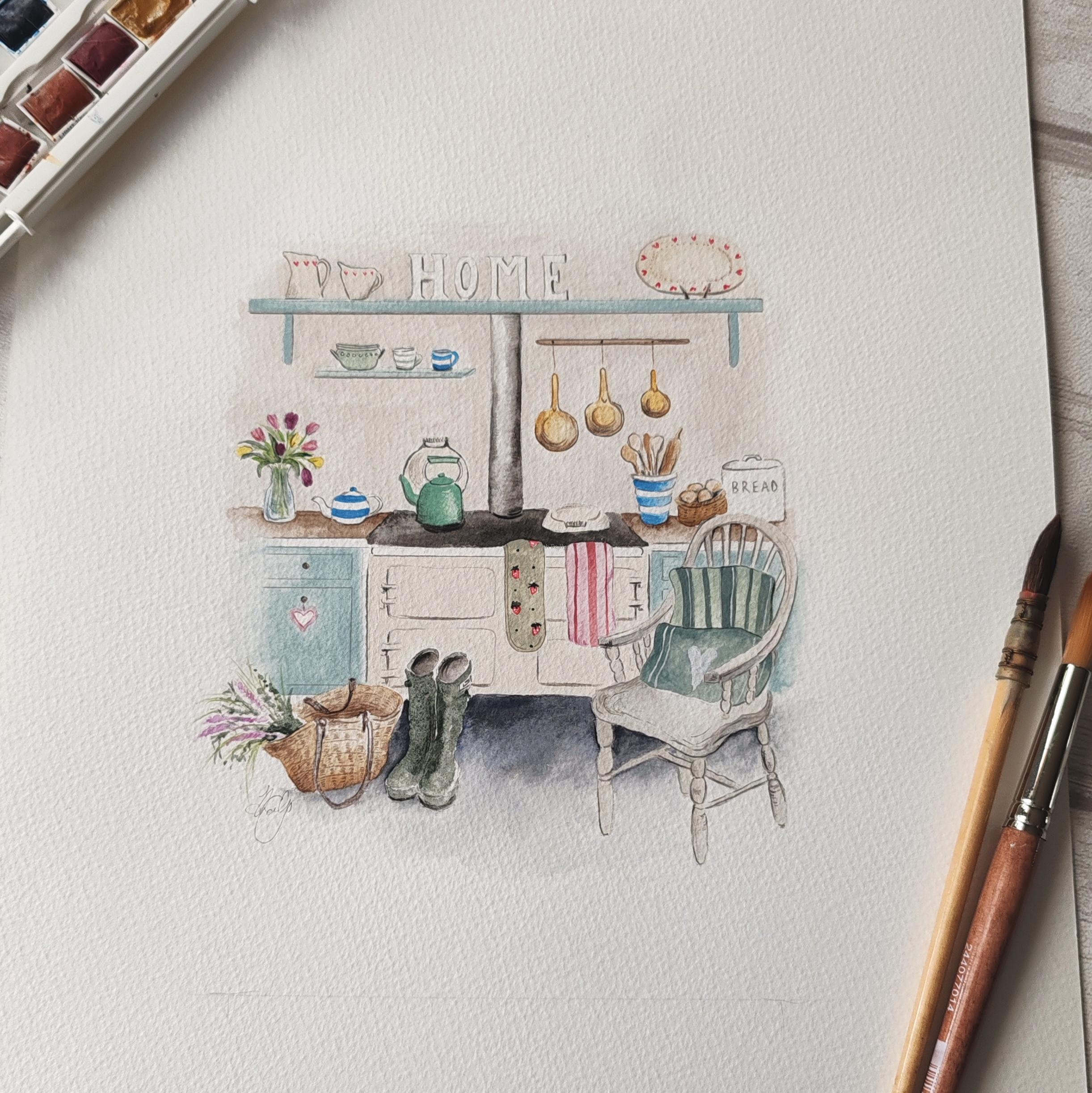 "Welcome Home" cottage kitchen - Original Artwork