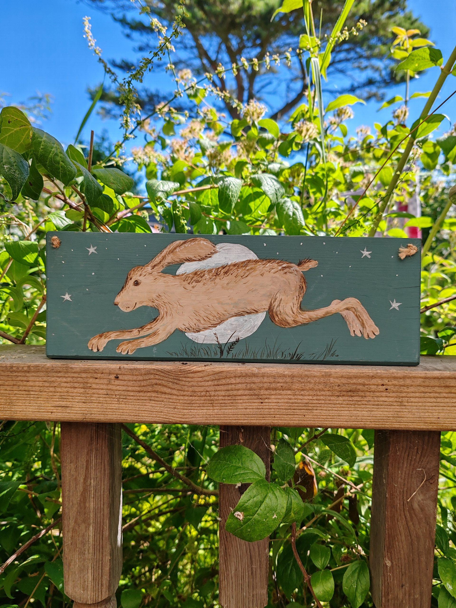 Hare and Moon Wooden Plaque (2) - Original Artwork