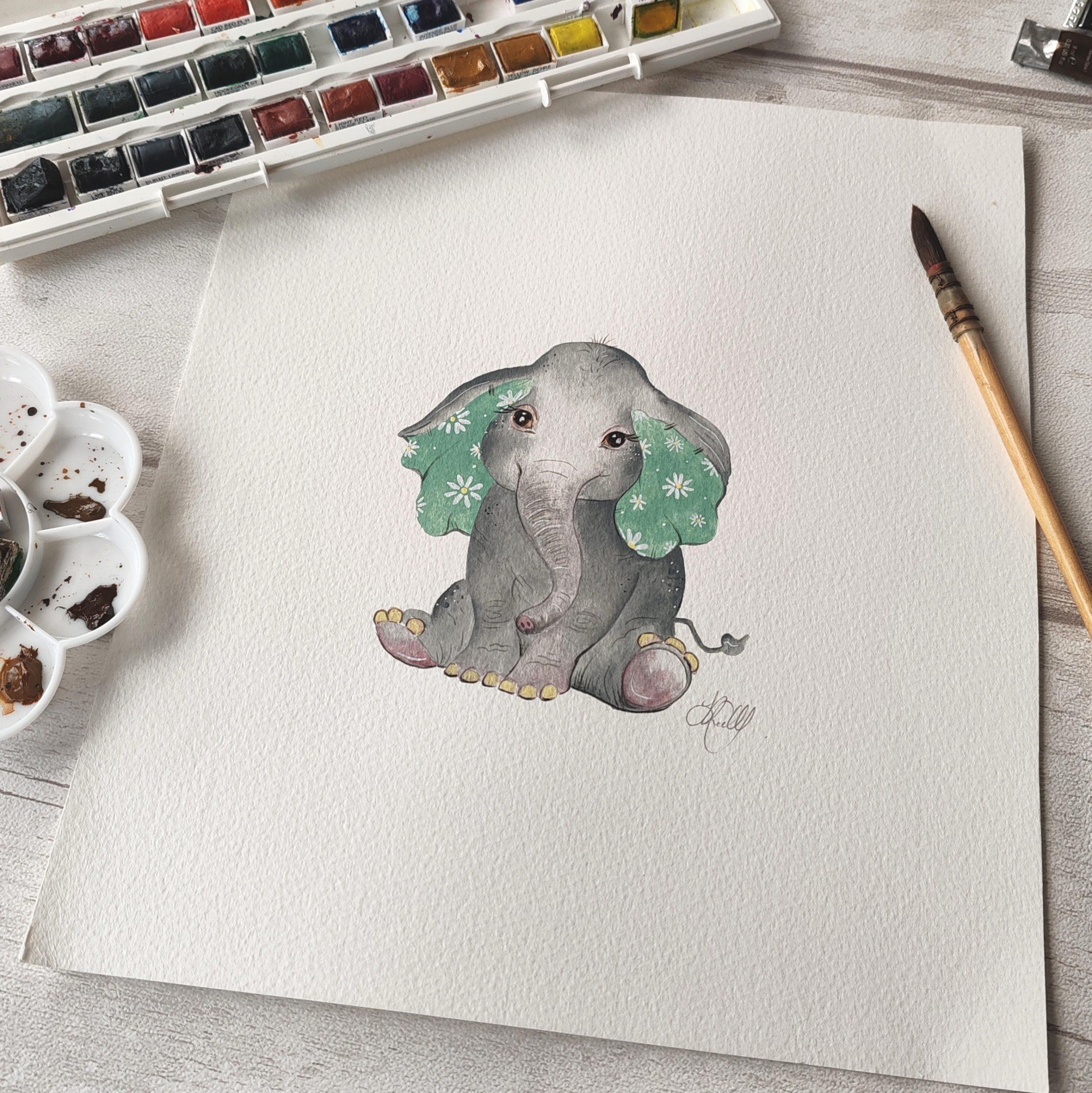 Baby Elephant Green Ears - Original Artwork